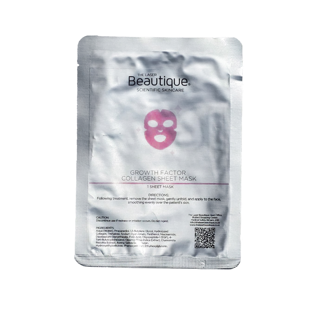 Sheet mask packaging with 'Laser Beauteque' branding on a white background