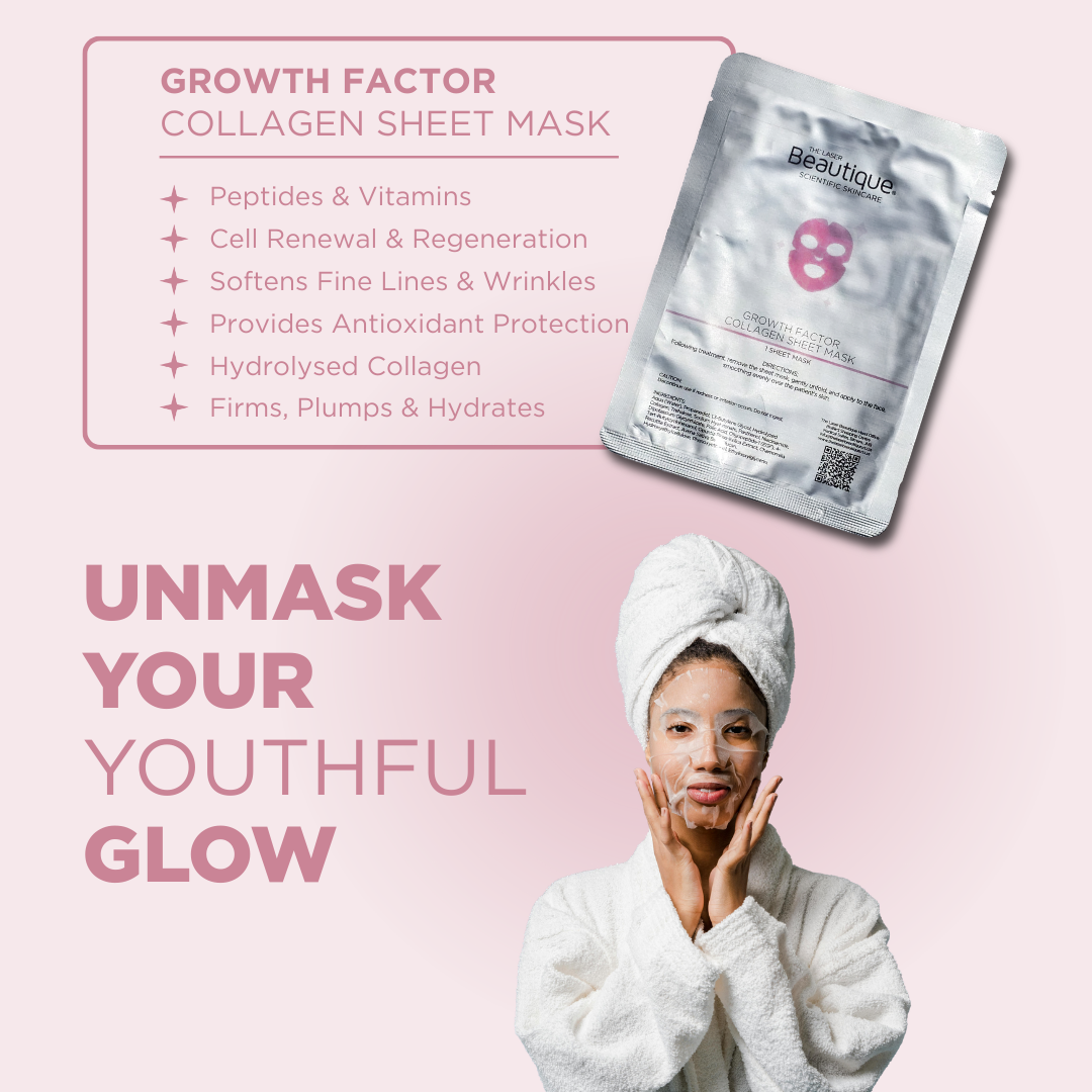 Collagen sheet mask with product packaging and promotional text on a pink background